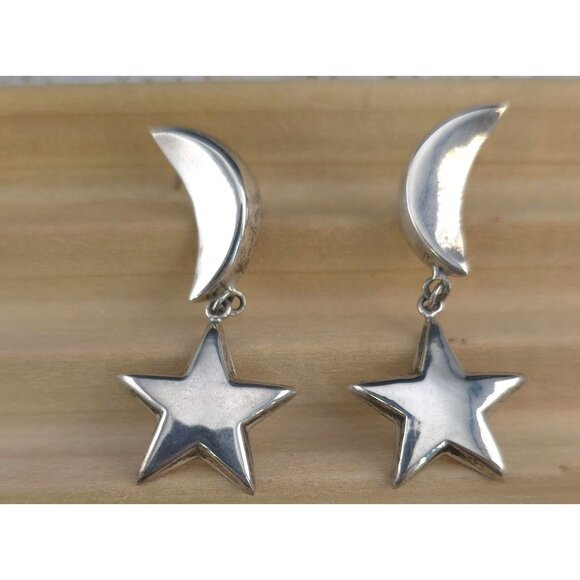 Vintage Sterling Silver Crescent Moon & Star Dangle Artisan Celestial Earrings - Picture 2 of 6
